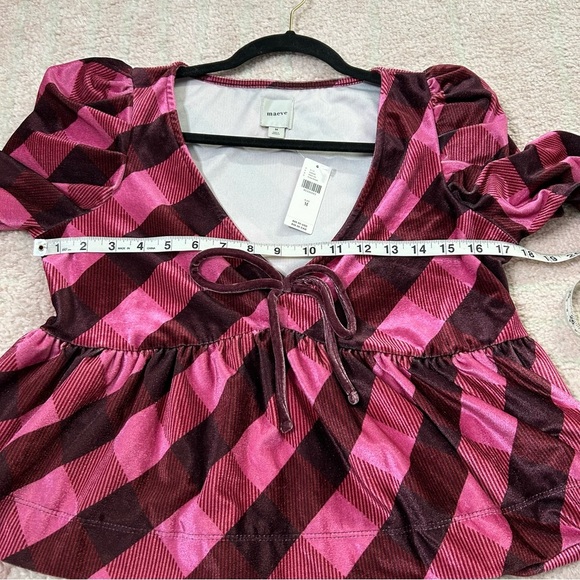 NWT Maeve Velvet Pink Maroon Plaid Puff Sleeve Top Low Cut Size Medium - Picture 9 of 12